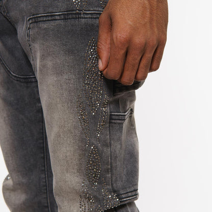 Carpenter flare denim pant w/ rhinestone details