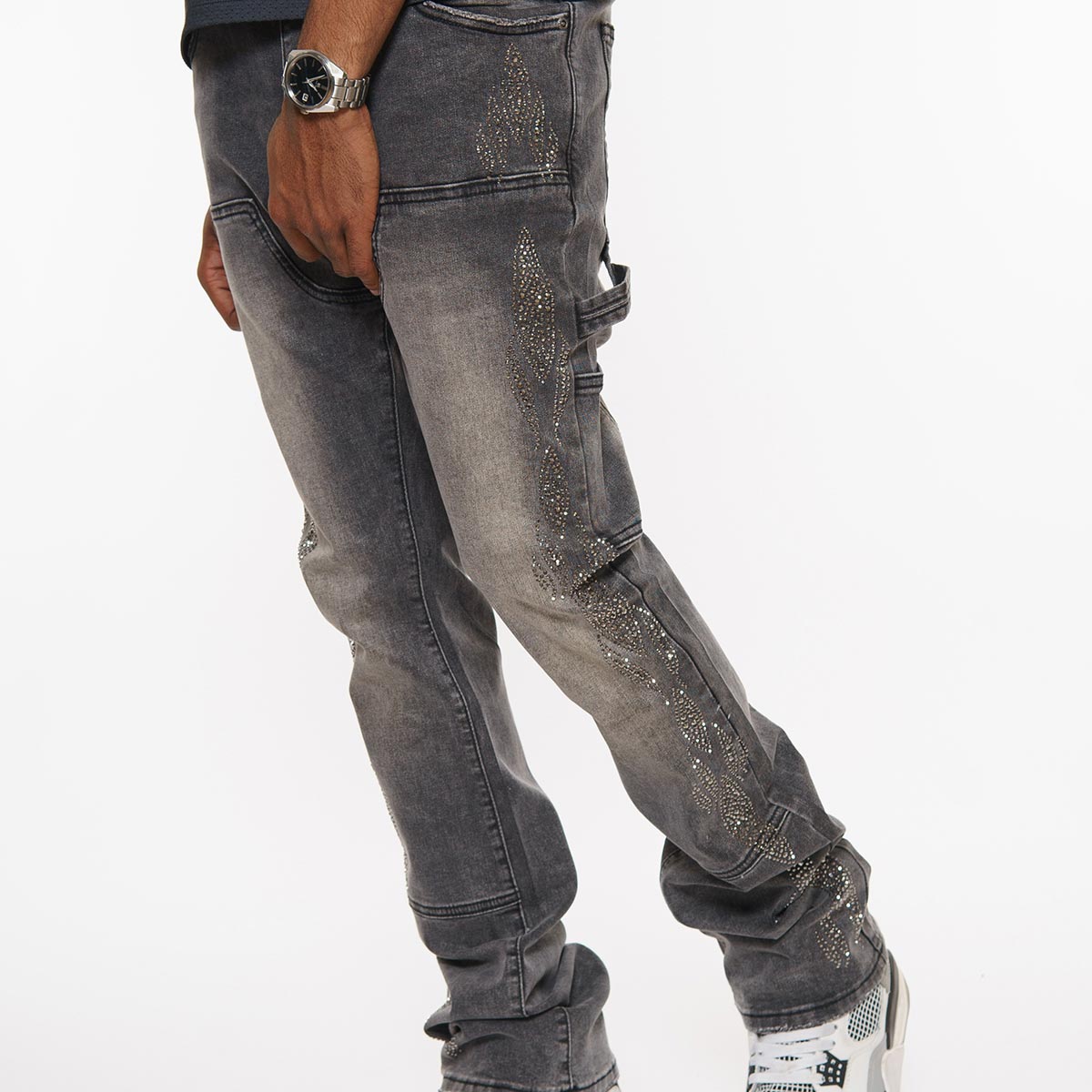 Carpenter flare denim pant w/ rhinestone details