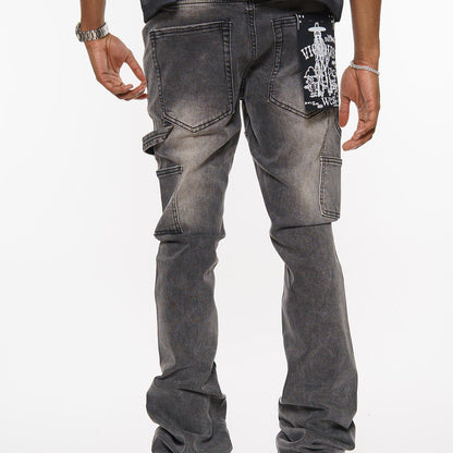Carpenter flare denim pant w/ rhinestone details
