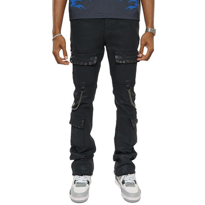 Wax coated cargo flare denim pant with side chains