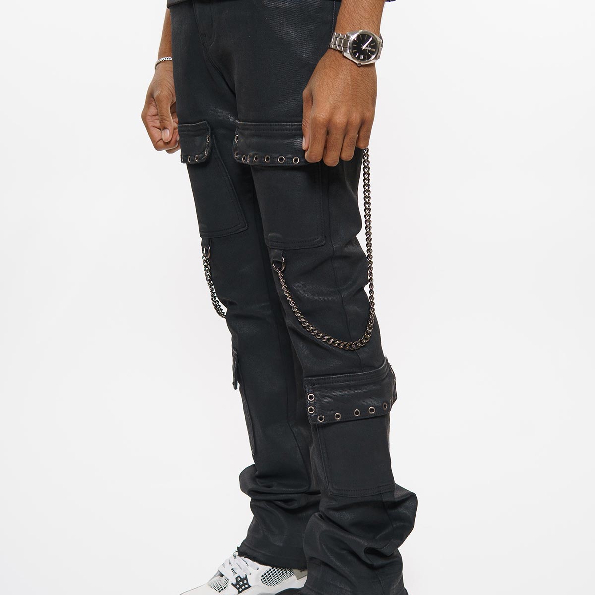 Wax coated cargo flare denim pant with side chains