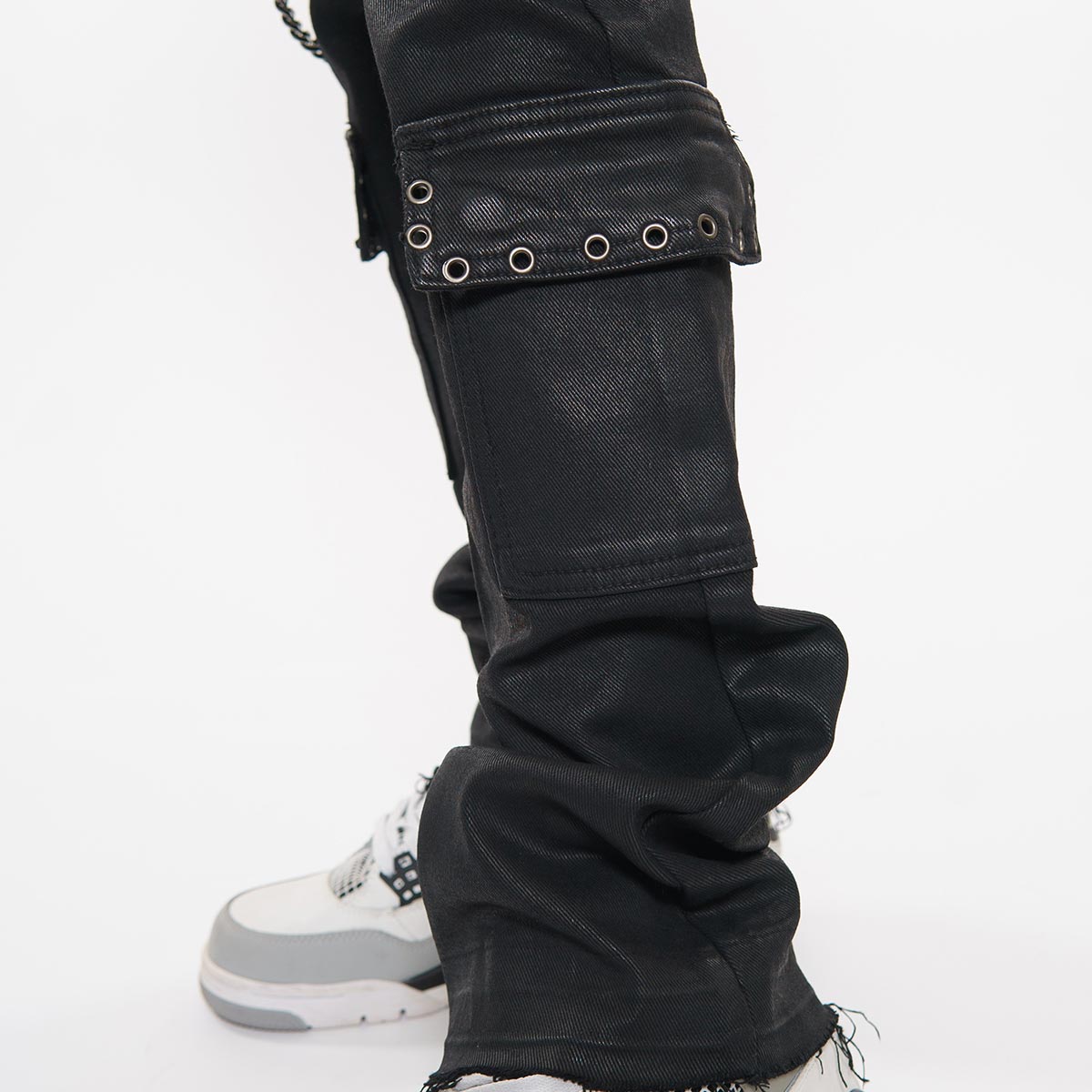 Wax coated cargo flare denim pant with side chains