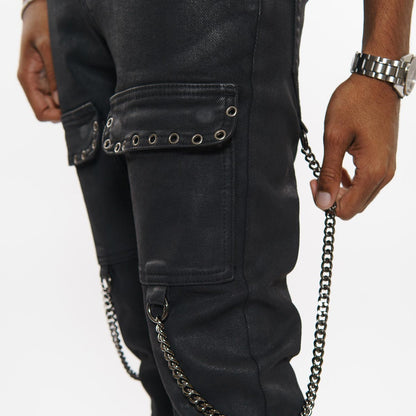 Wax coated cargo flare denim pant with side chains