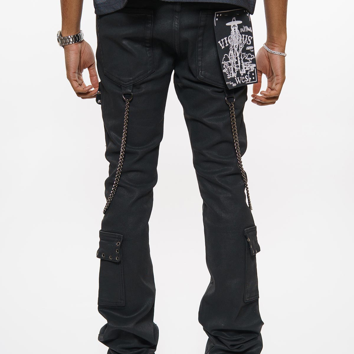 Wax coated cargo flare denim pant with side chains