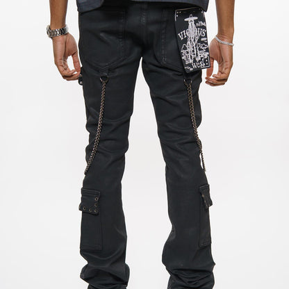 Wax coated cargo flare denim pant with side chains