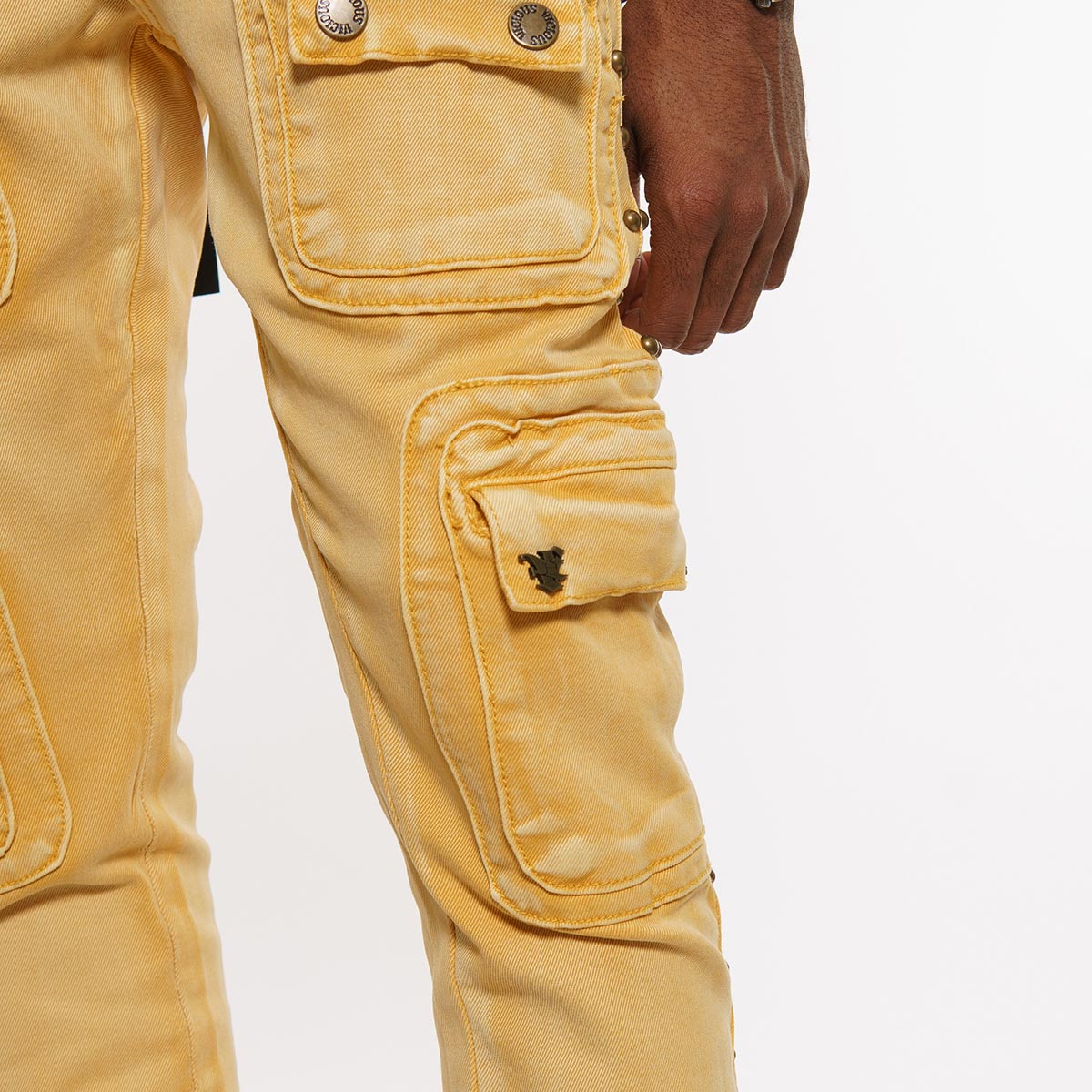 Studded warrior cargo flare fit denim pant
