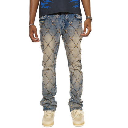 Wax coated cargo flare denim pant w/ side chains