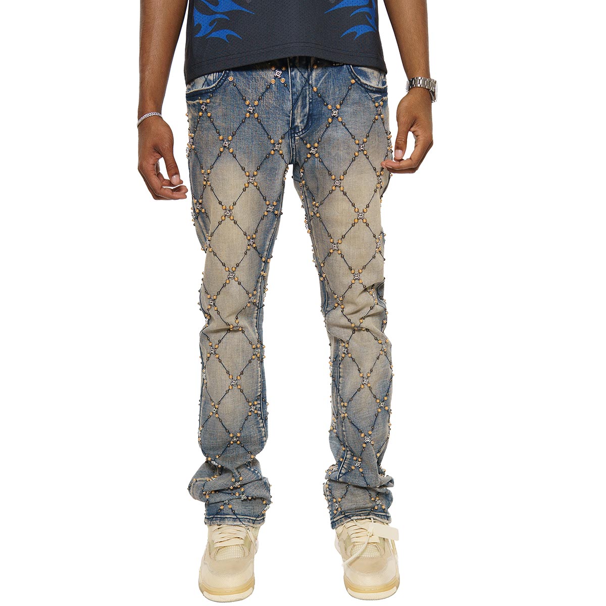 Wax coated cargo flare denim pant w/ side chains
