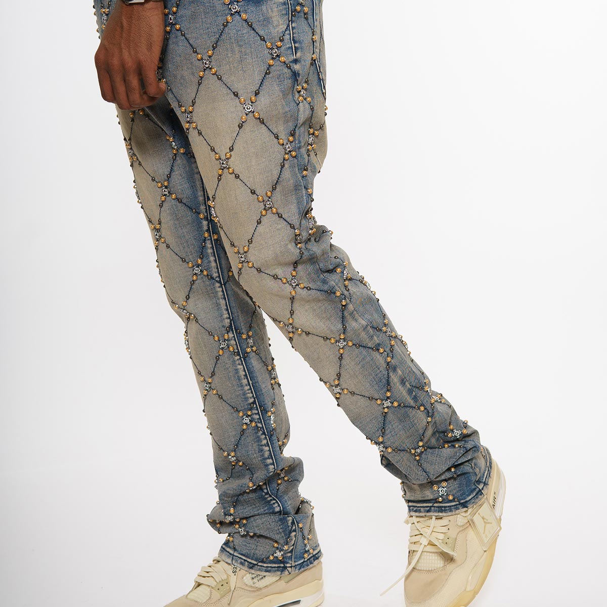 Wax coated cargo flare denim pant w/ side chains