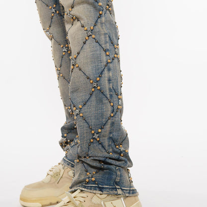 Wax coated cargo flare denim pant w/ side chains