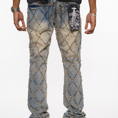 Wax coated cargo flare denim pant w/ side chains