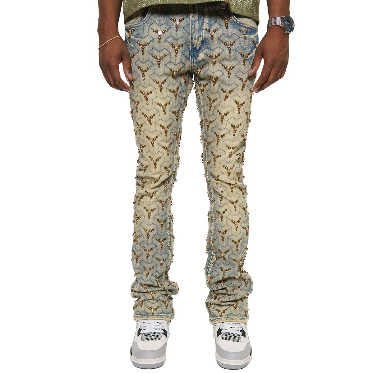 Embellished stone flare denim pants