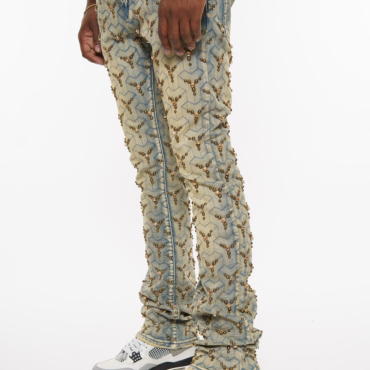 Embellished stone flare denim pants