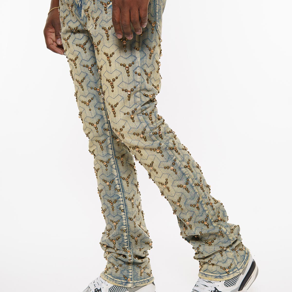 Embellished stone flare denim pants