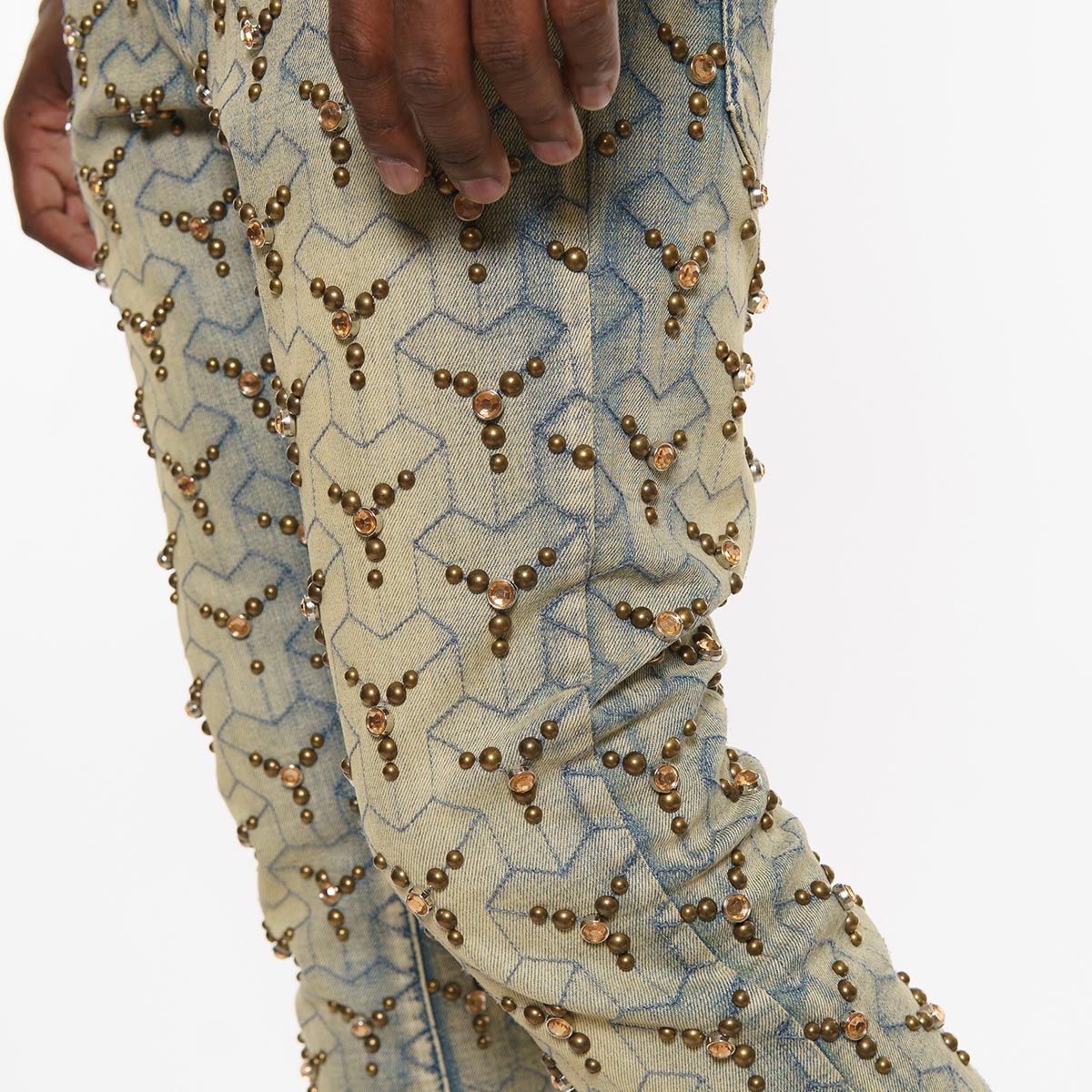 Embellished stone flare denim pants