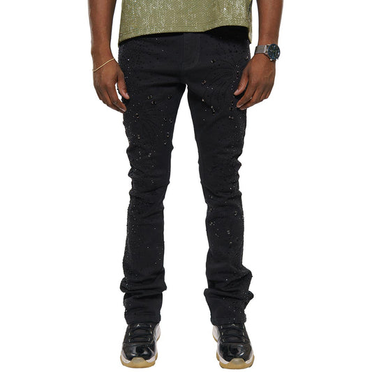 Embellished rhinestone denim flared pants