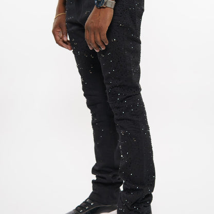 Embellished rhinestone denim flared pants