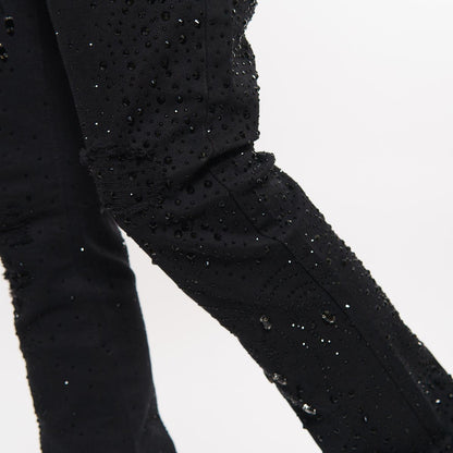 Embellished rhinestone denim flared pants