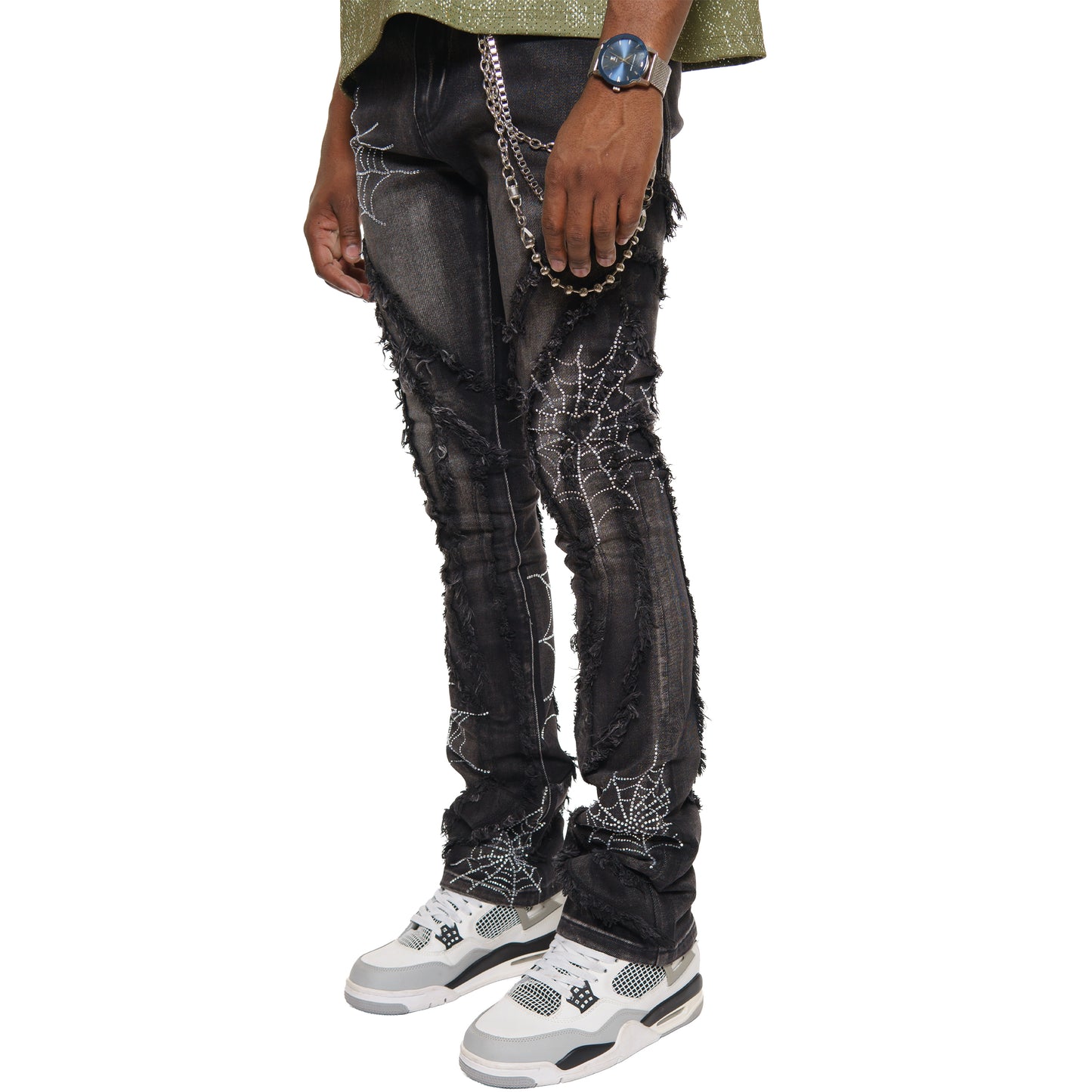 Stack denim pant w/ studded spider webs
