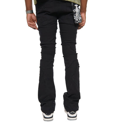 Rip & repair flare denim pant w/ metal ring details