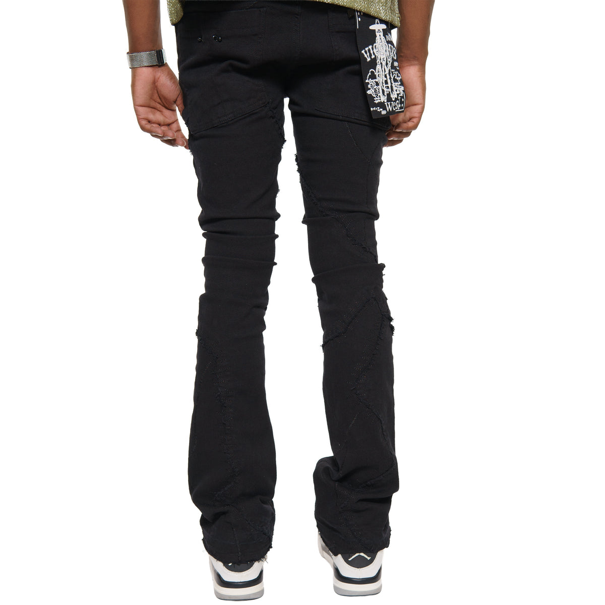 Rip & repair flare denim pant w/ metal ring details