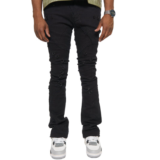 Rip & repair flare denim pant w/ metal ring details