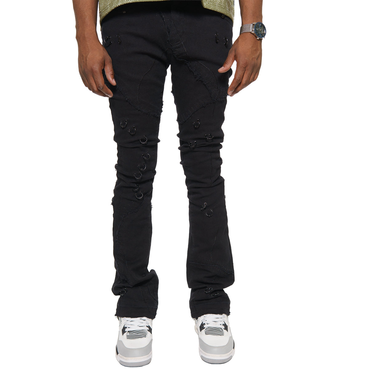 Rip & repair flare denim pant w/ metal ring details