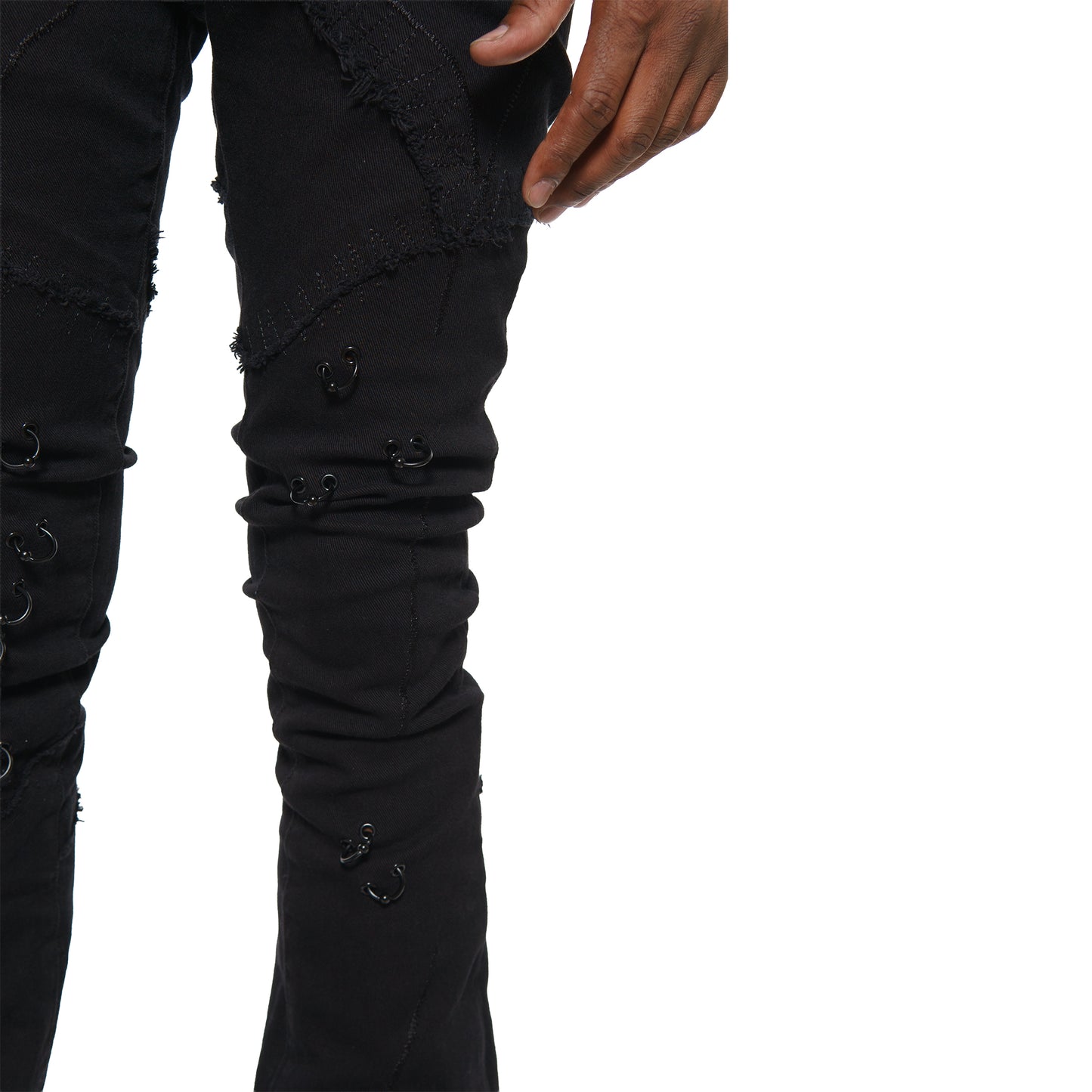 Rip & repair flare denim pant w/ metal ring details