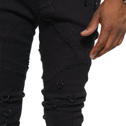 Rip & repair flare denim pant w/ metal ring details
