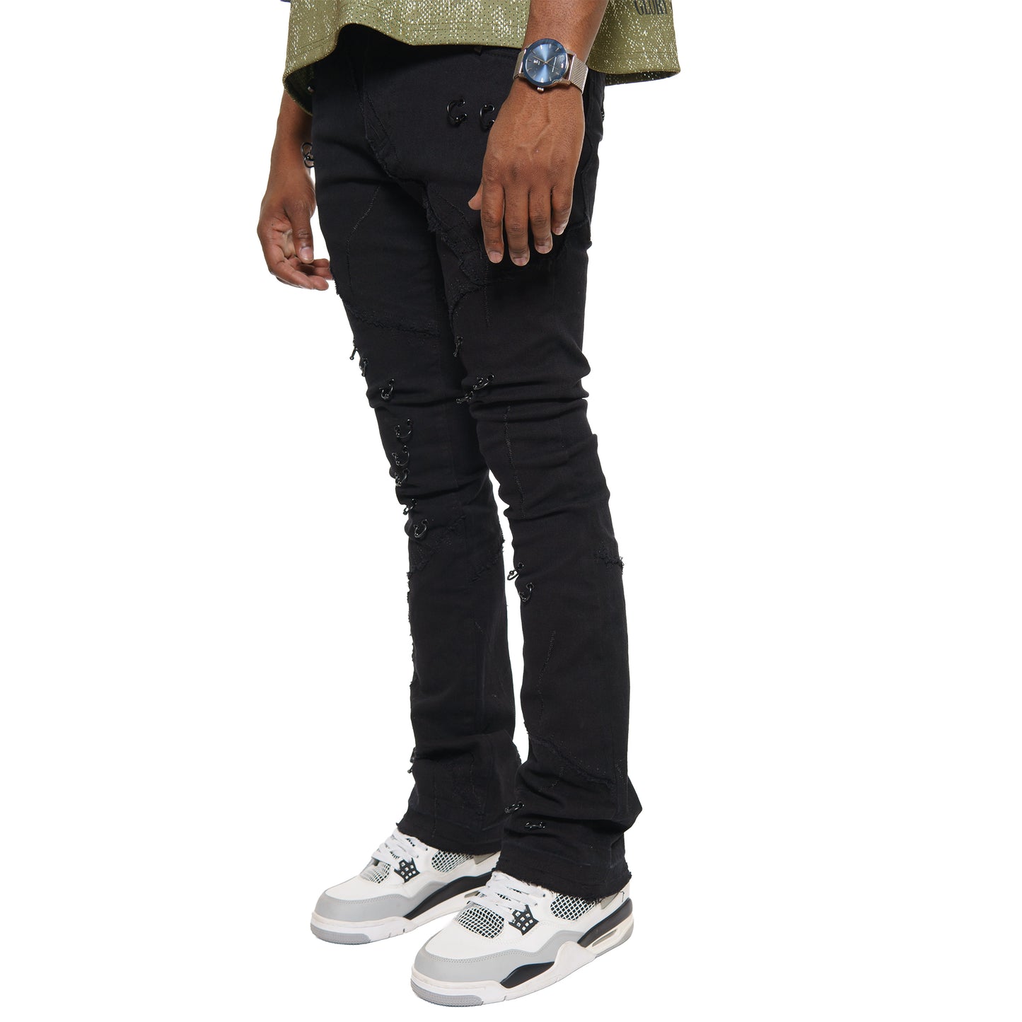 Rip & repair flare denim pant w/ metal ring details