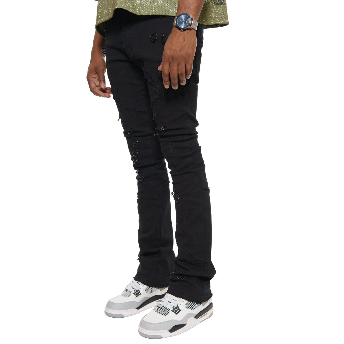 Rip & repair flare denim pant w/ metal ring details
