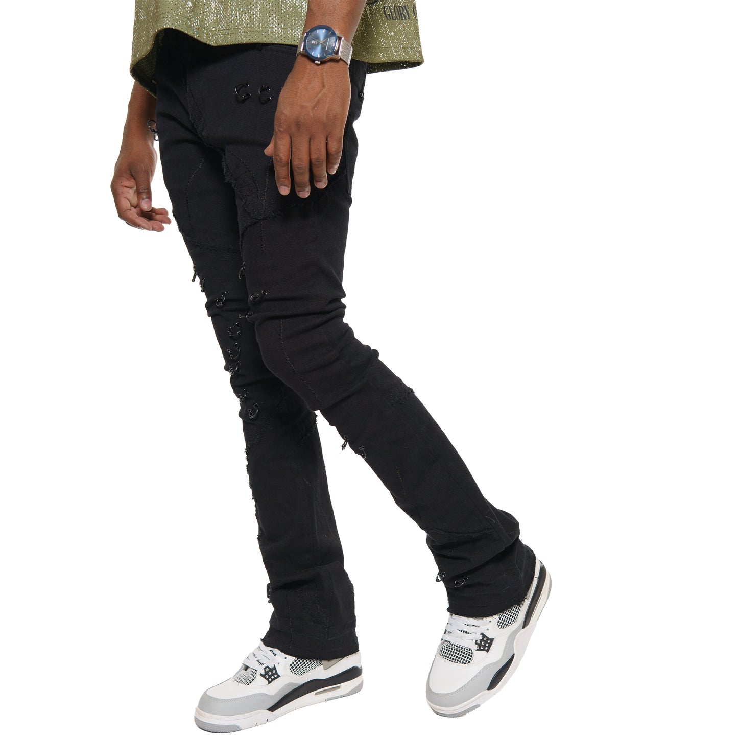 Rip & repair flare denim pant w/ metal ring details