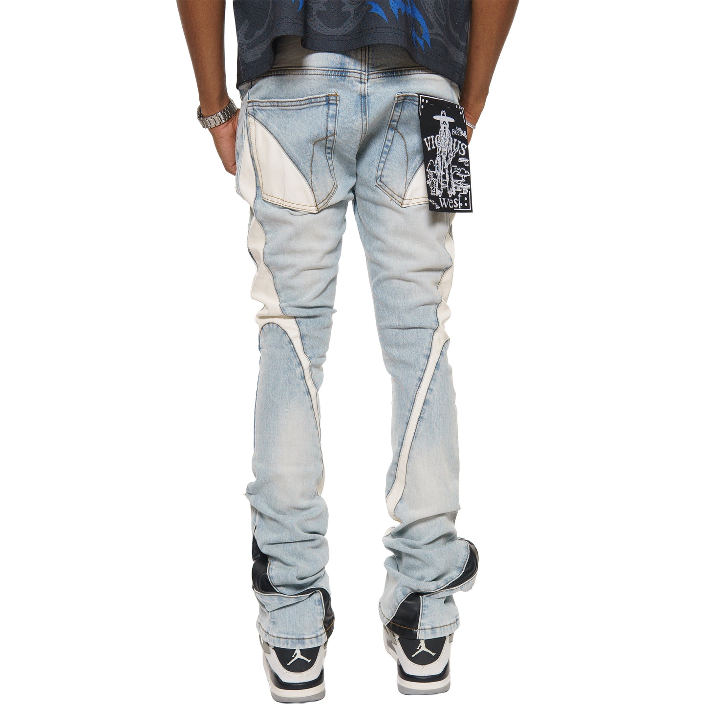 Stack denim w/ leather cut & sew details