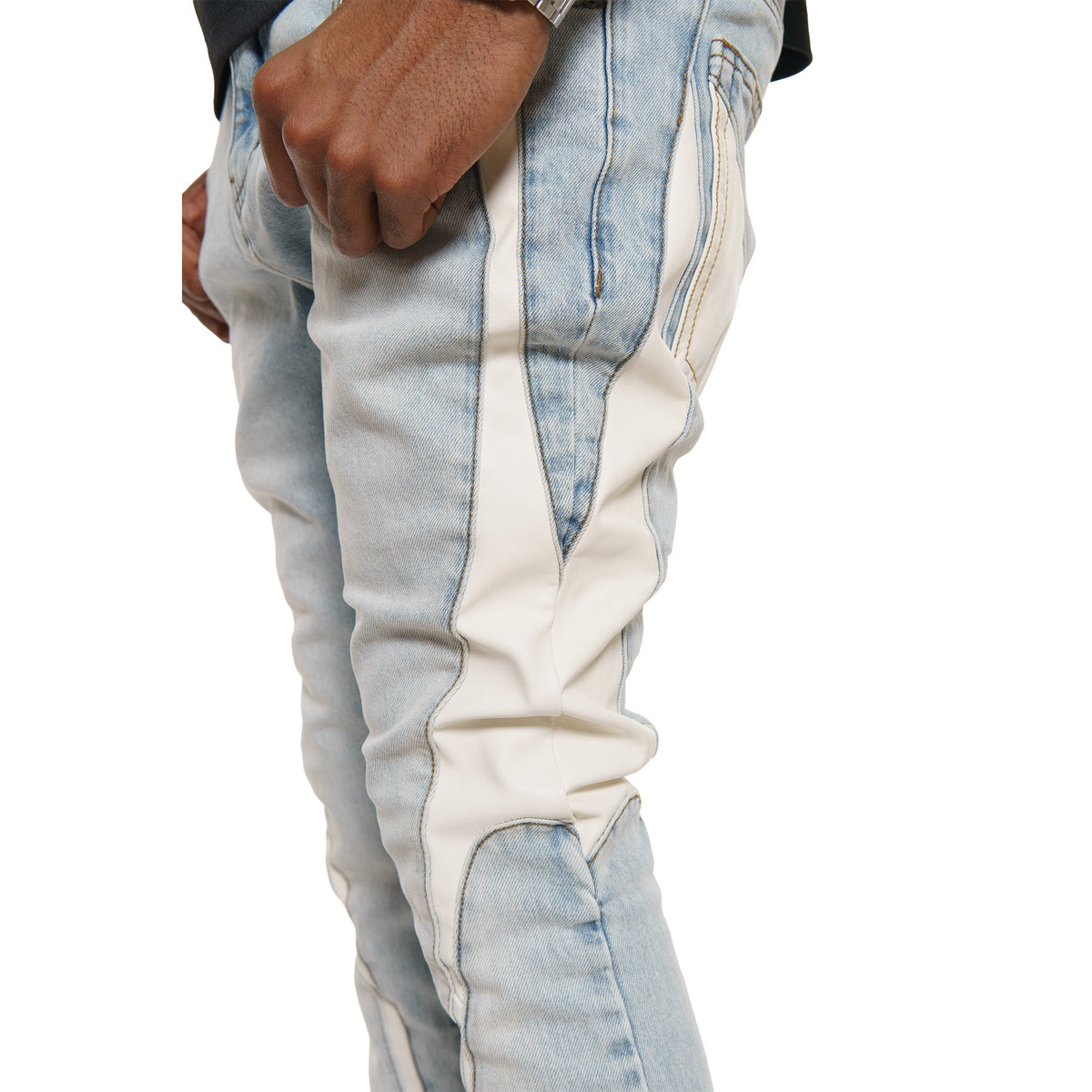 Stack denim w/ leather cut & sew details