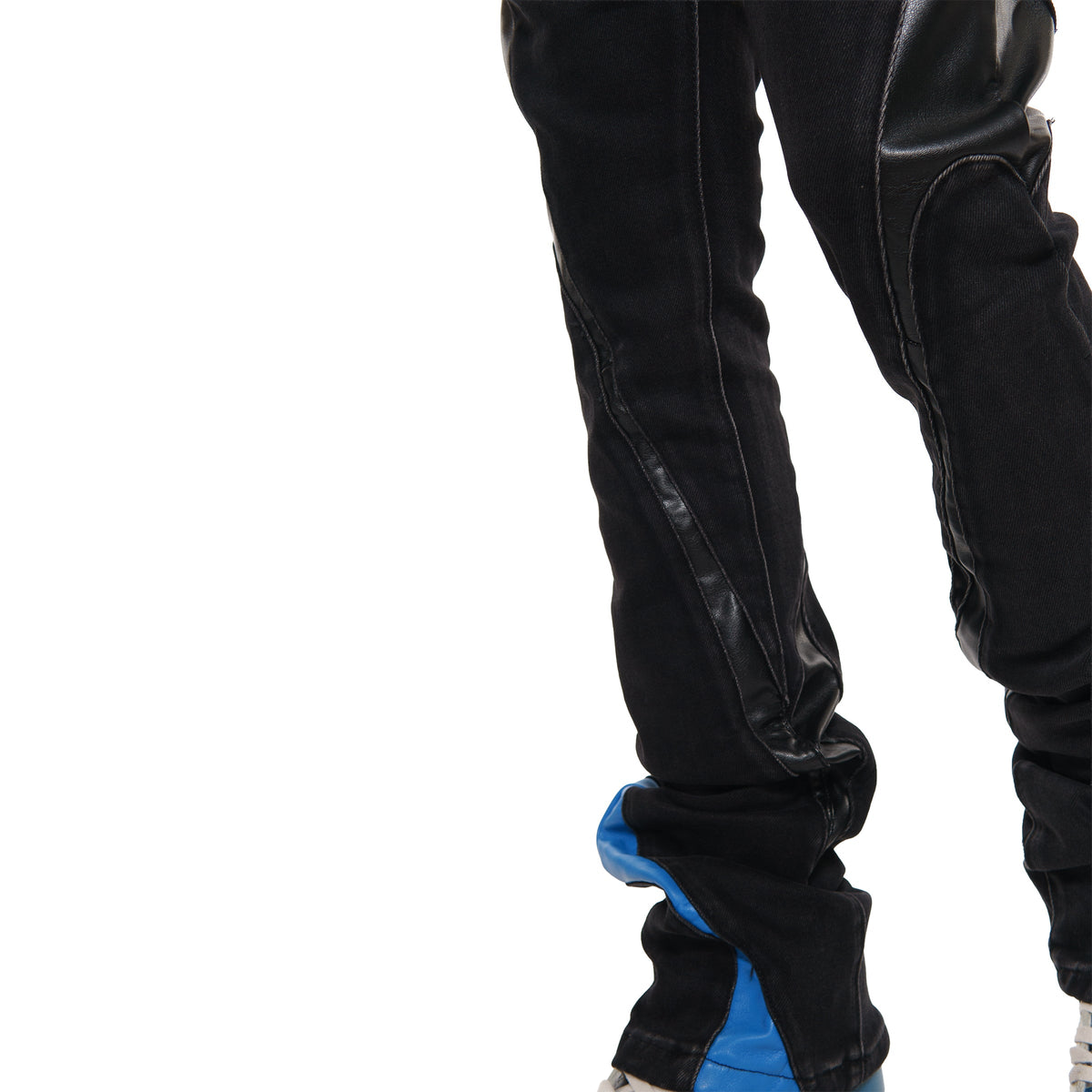 Stack denim w/ leather cut & sew details