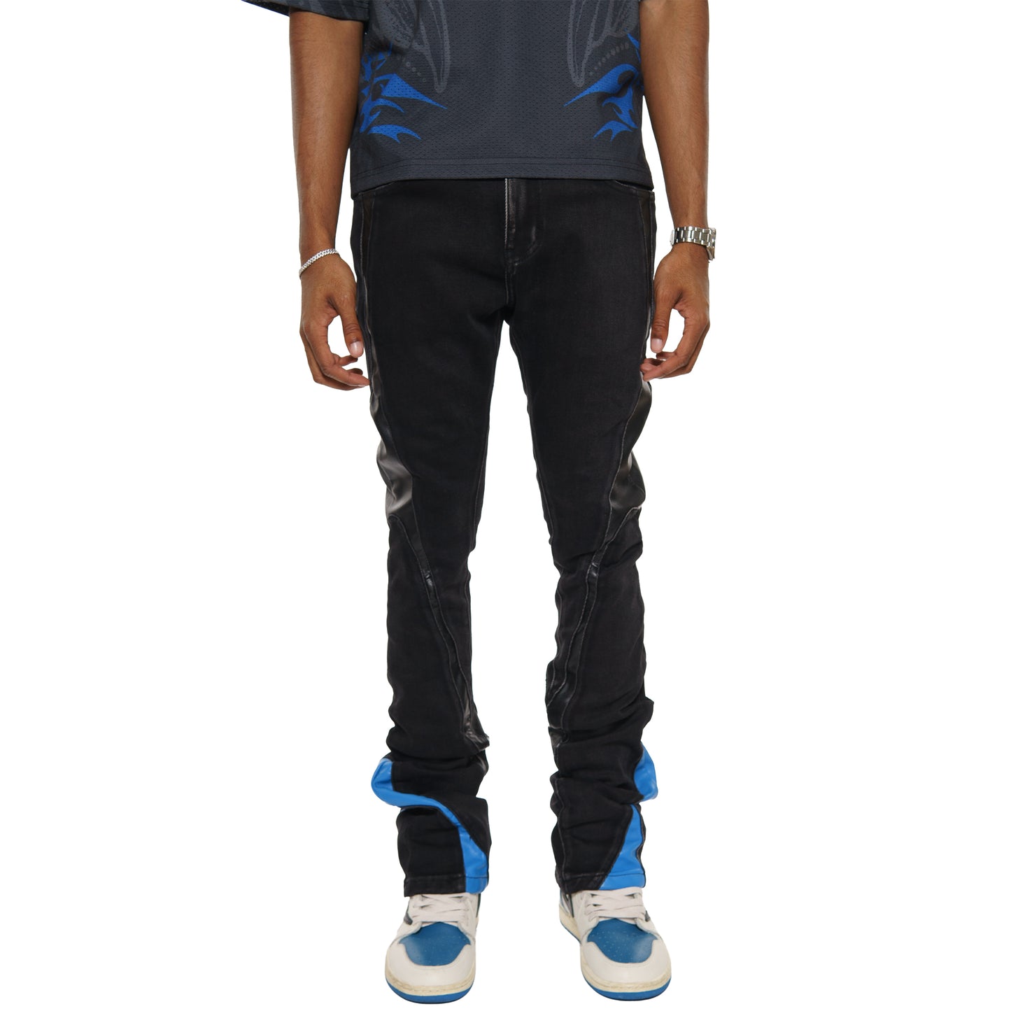 Stack denim w/ leather cut & sew details