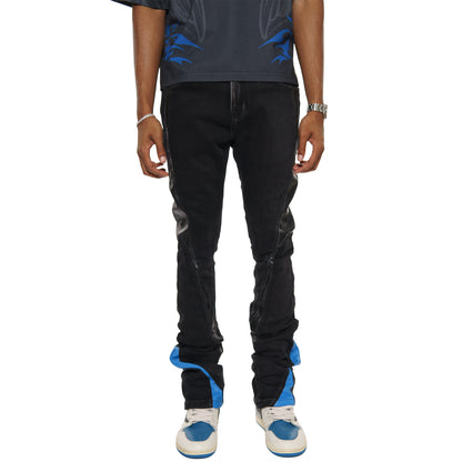 Stack denim w/ leather cut & sew details