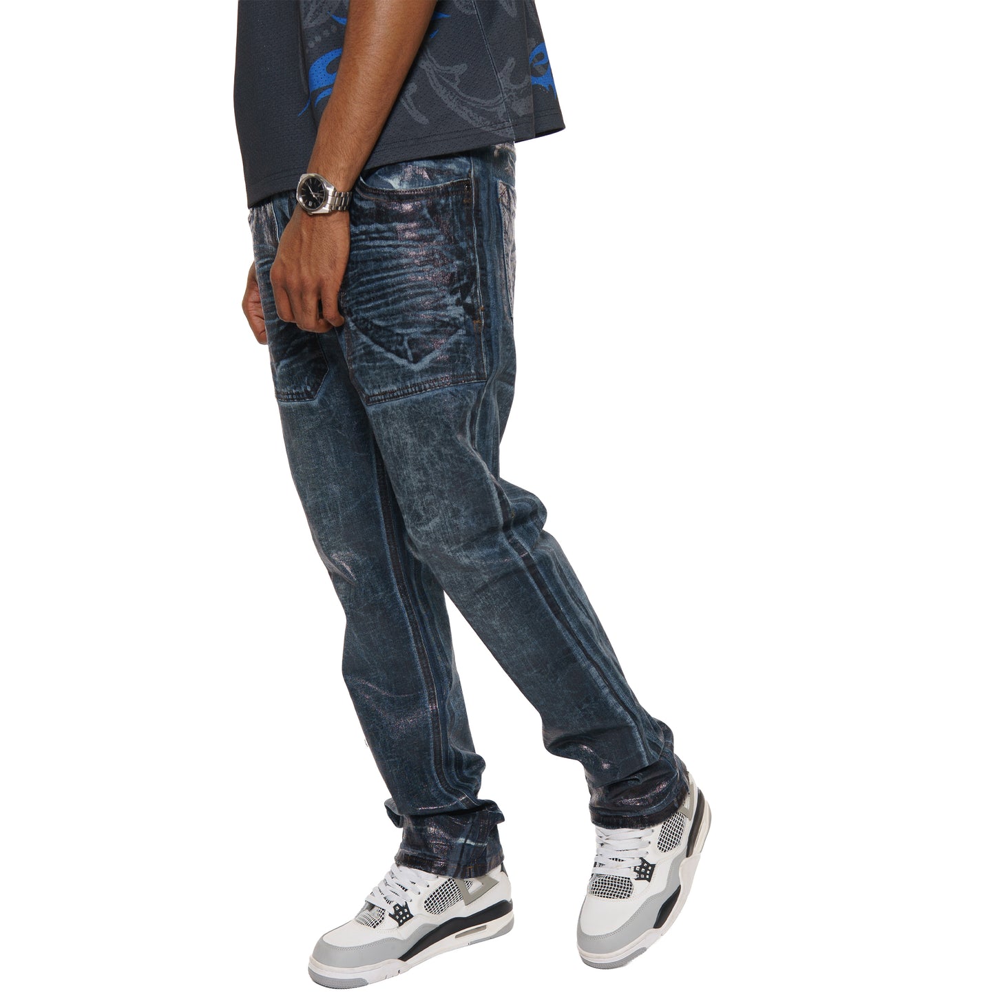 Patch pocket oil slick straight leg jean