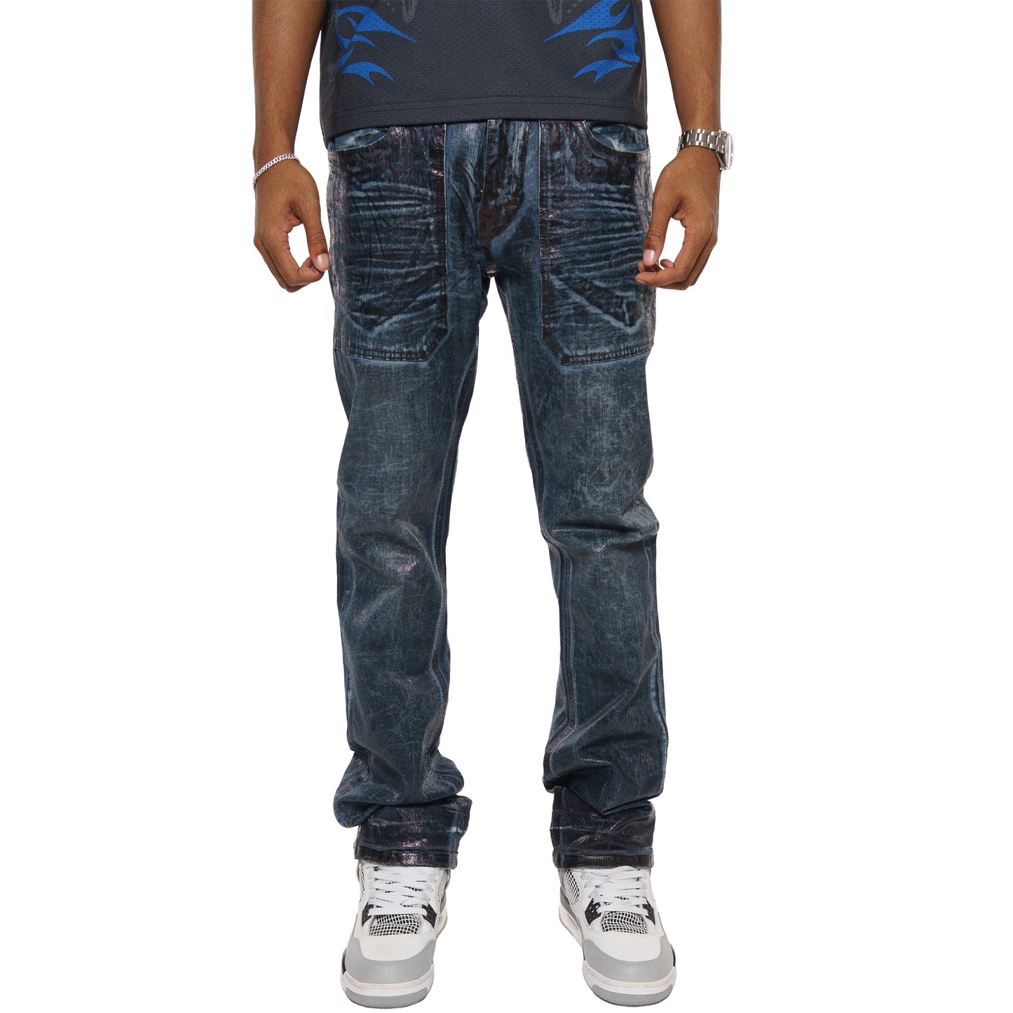 Patch pocket oil slick straight leg jean