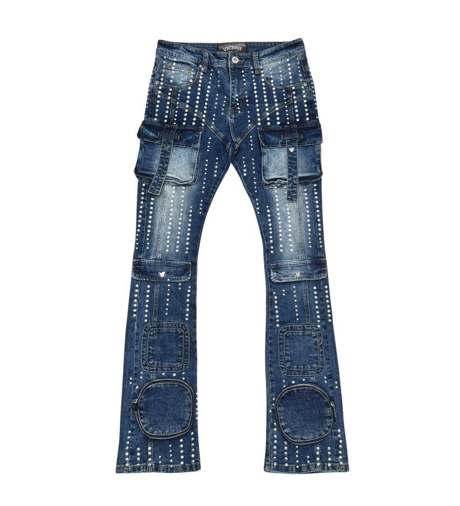 Silver studded muti cargo flare denim pant