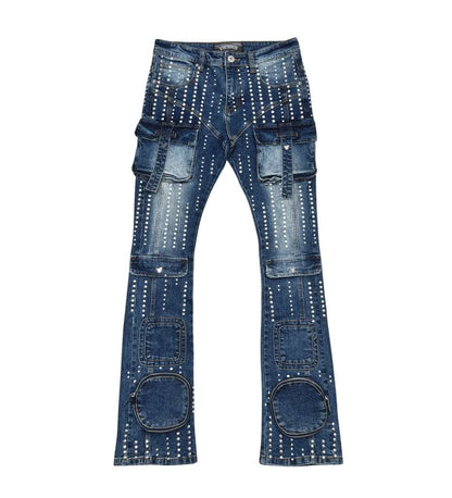 Silver studded muti cargo flare denim pant