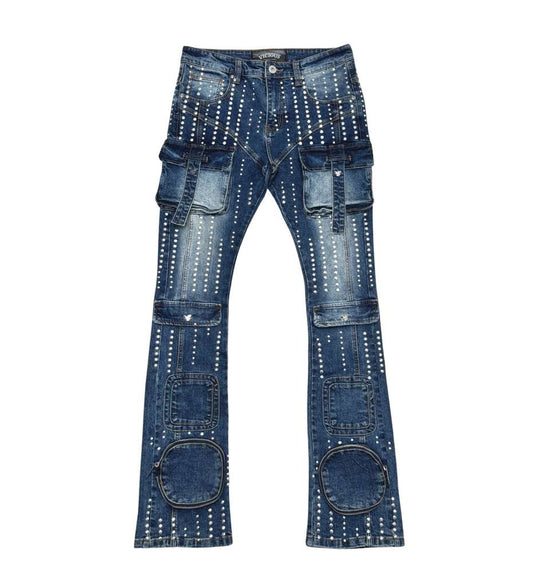 Silver studded muti cargo flare denim pant