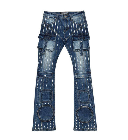 Silver studded muti cargo flare denim pant