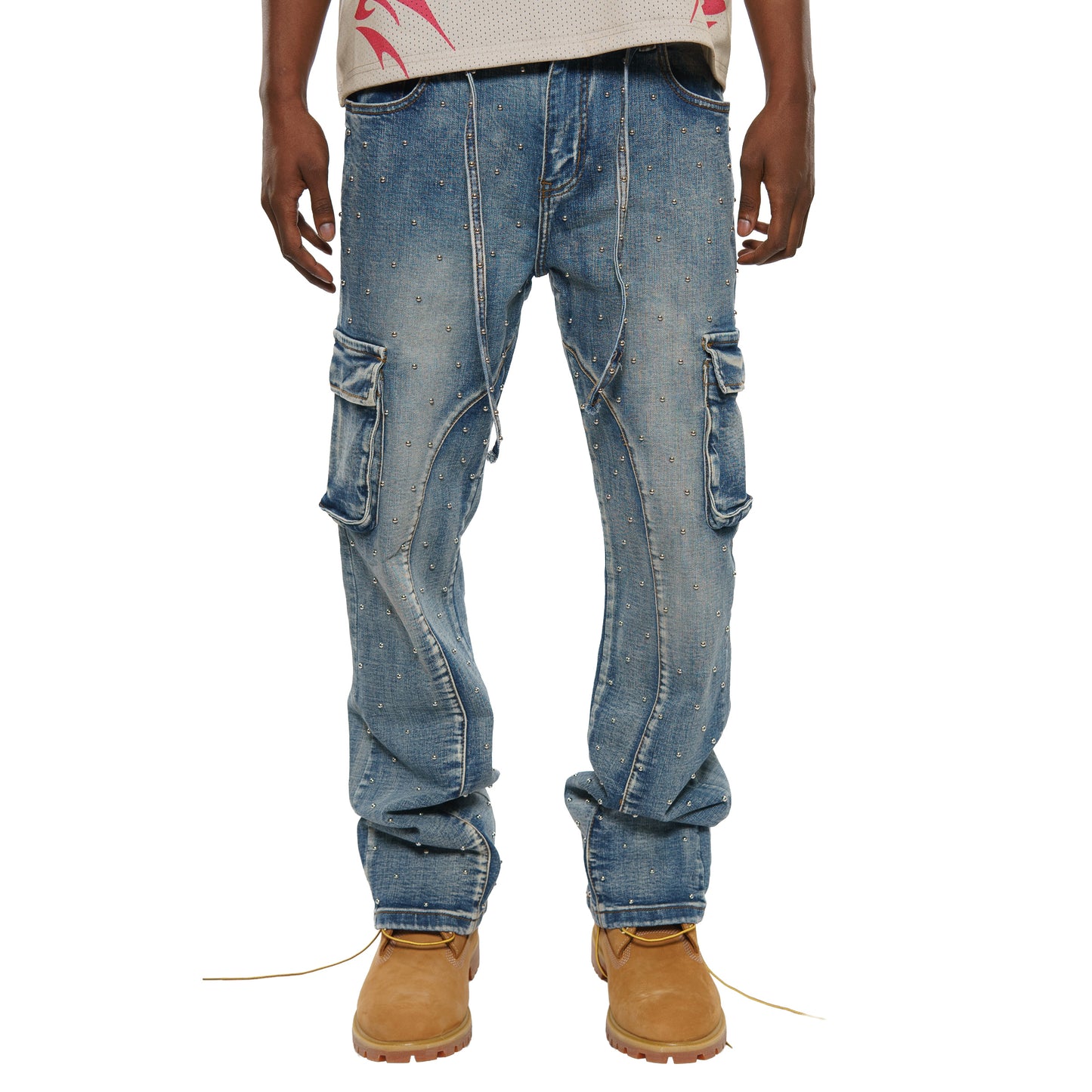 Pearl medium studded relaxed straight denim pant