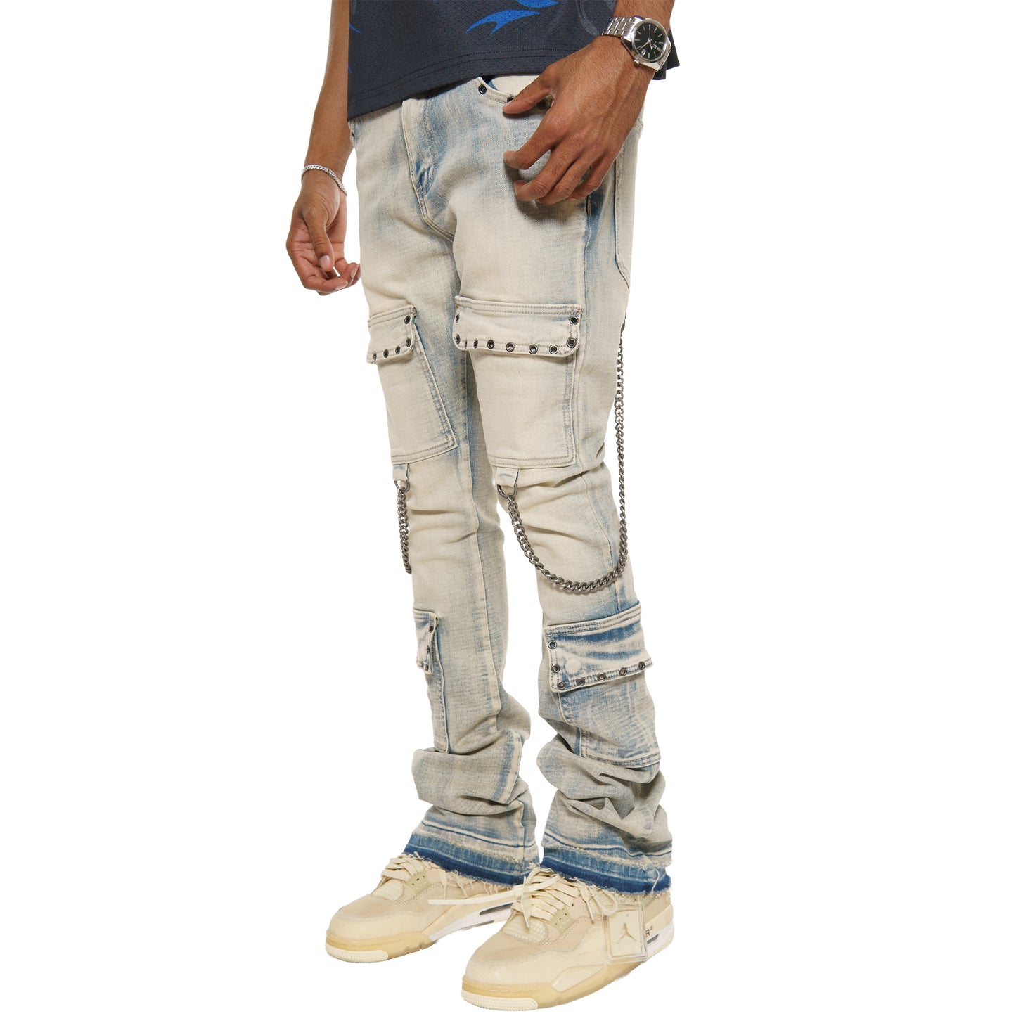 Flare fit denim pant w/ stone details + chains