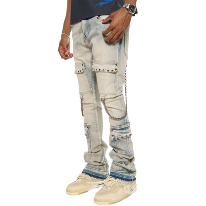 Flare fit denim pant w/ stone details + chains