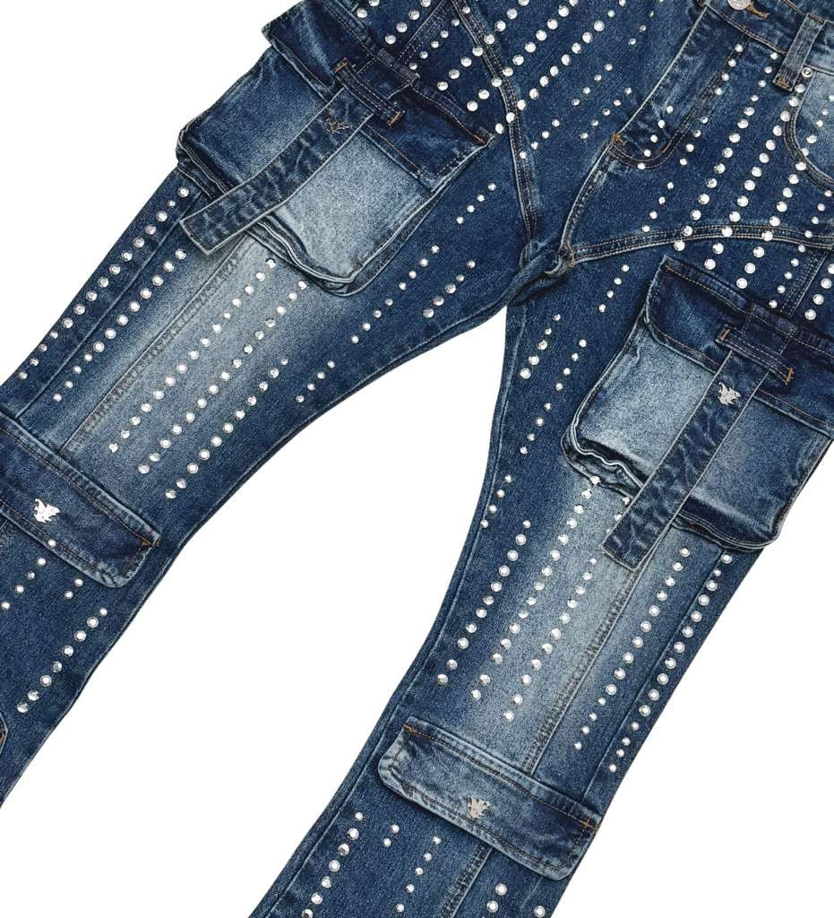 Silver studded muti cargo flare denim pant