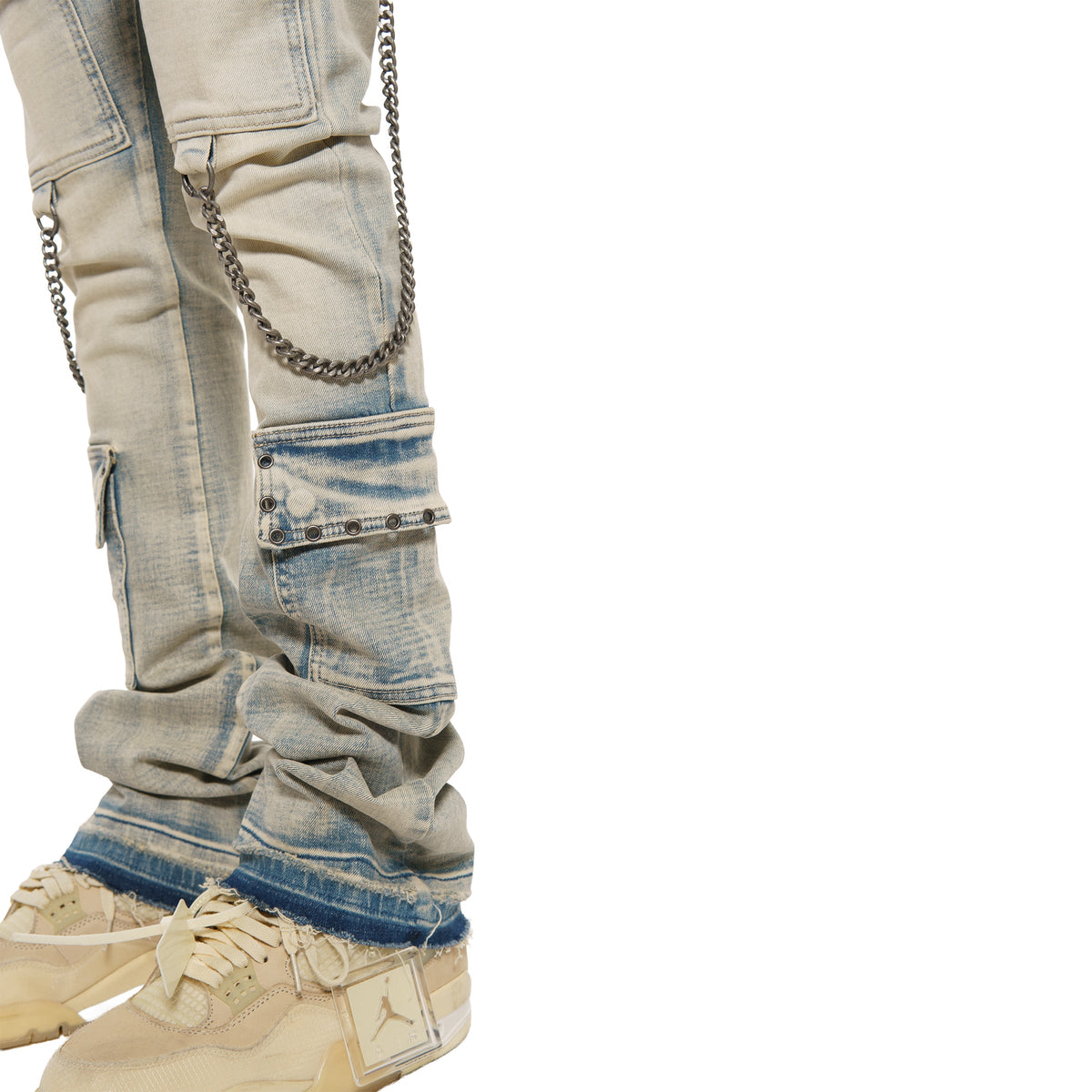 Flare fit denim pant w/ stone details + chains