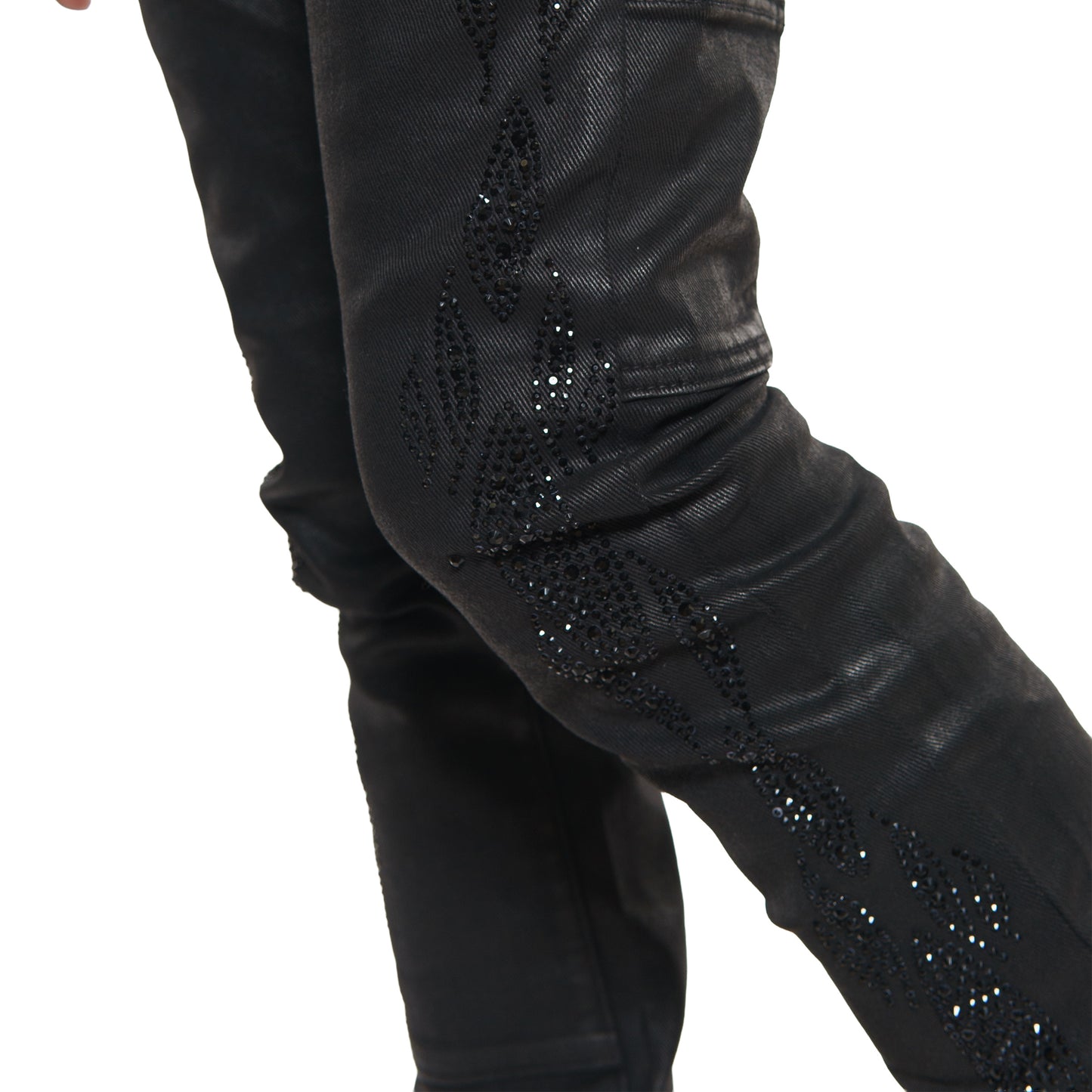 Embellished wax coated denim pant