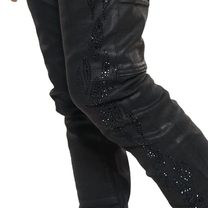 Embellished wax coated denim pant